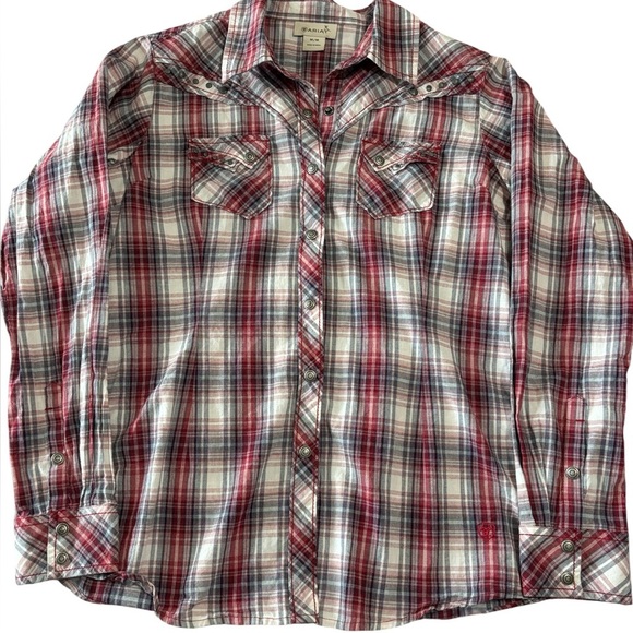 Ariat Tops - Ariat Women Plaid Western Shirt Metal Snap Front Studded Red/White/Blue Cotton M